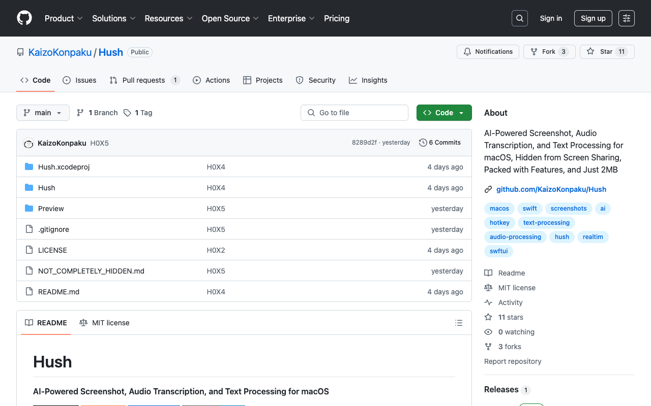 Hush - An AI-powered macOS app for audio transcription, screenshot analysis, and text processing