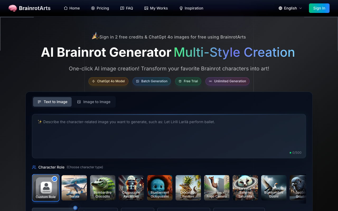 BrainrotArts AI - Create Multi-Style Character Art with the AI Italian Brainrot Generator