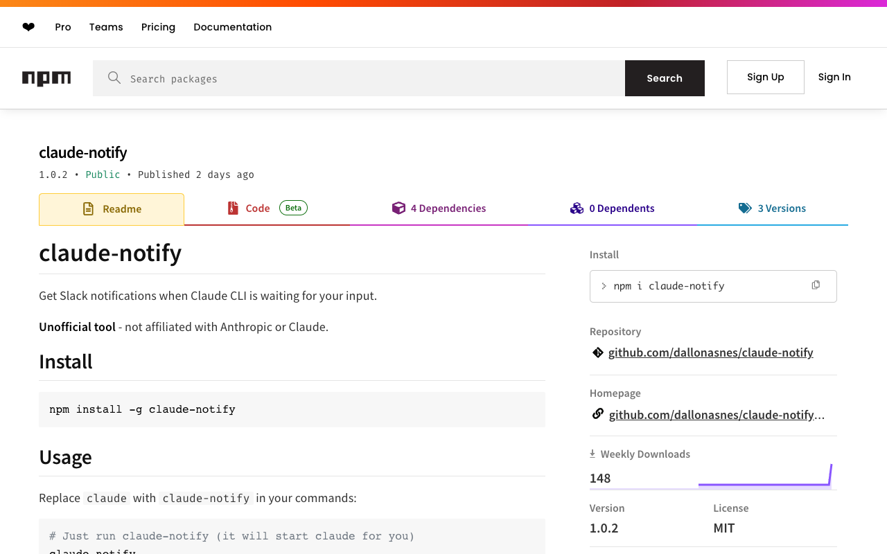 claude-notify - Get Slack notifications when Claude Code needs your input