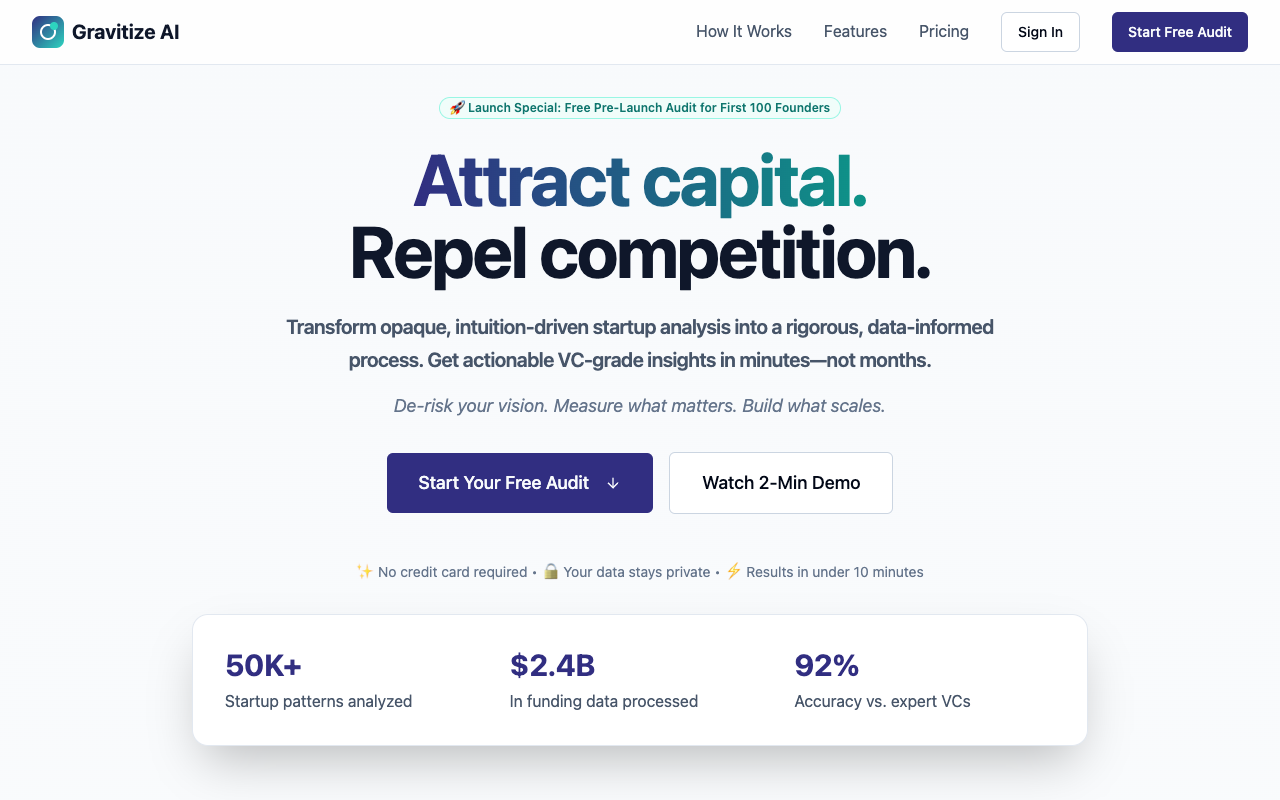 Gravitize - An AI tool that helps startups attract capital and repel competition