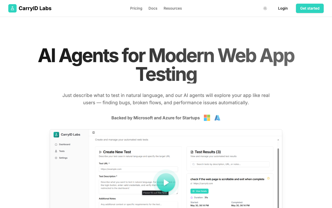 CarryID Labs - AI agents that test your web app like real users