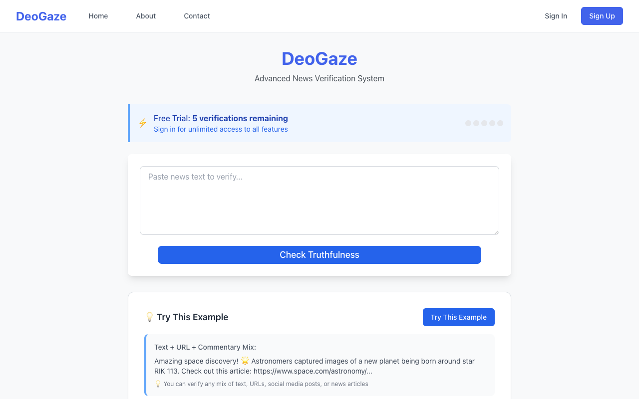 DeoGaze - An AI-powered tool for verifying news and identifying misinformation news AI fact-checking