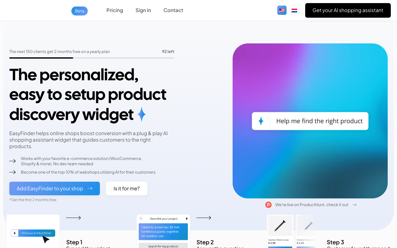 EasyFinder - A smart semantic search widget that acts like a shopping assistant for webshops