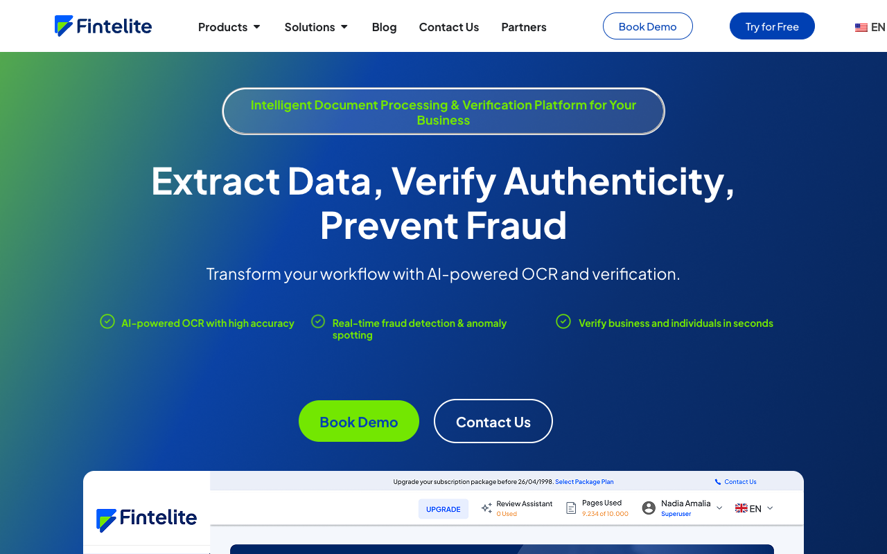 Fintelite - An advanced AI platform for fast document processing and verification AI document-processing verification