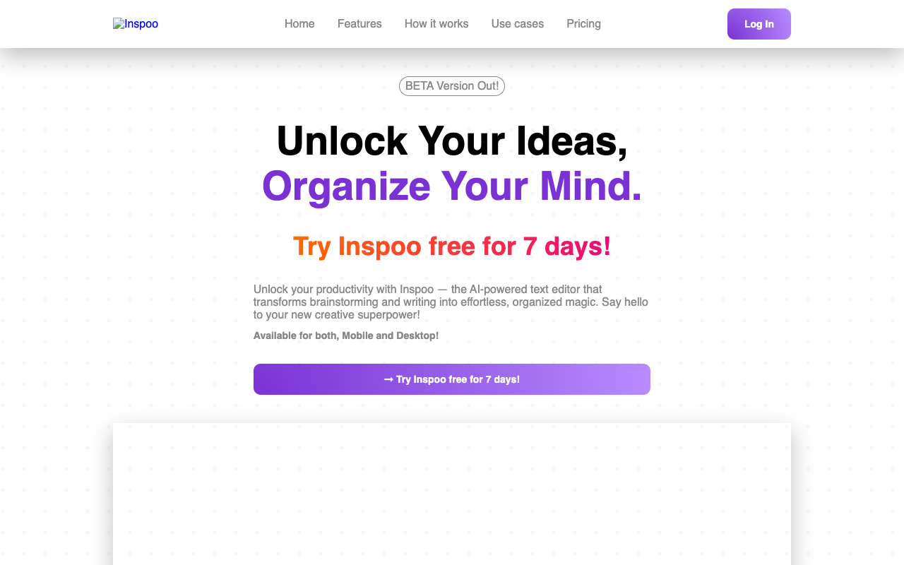 Inspoo - An AI-powered text editor that transforms brainstorming and writing into organized magic