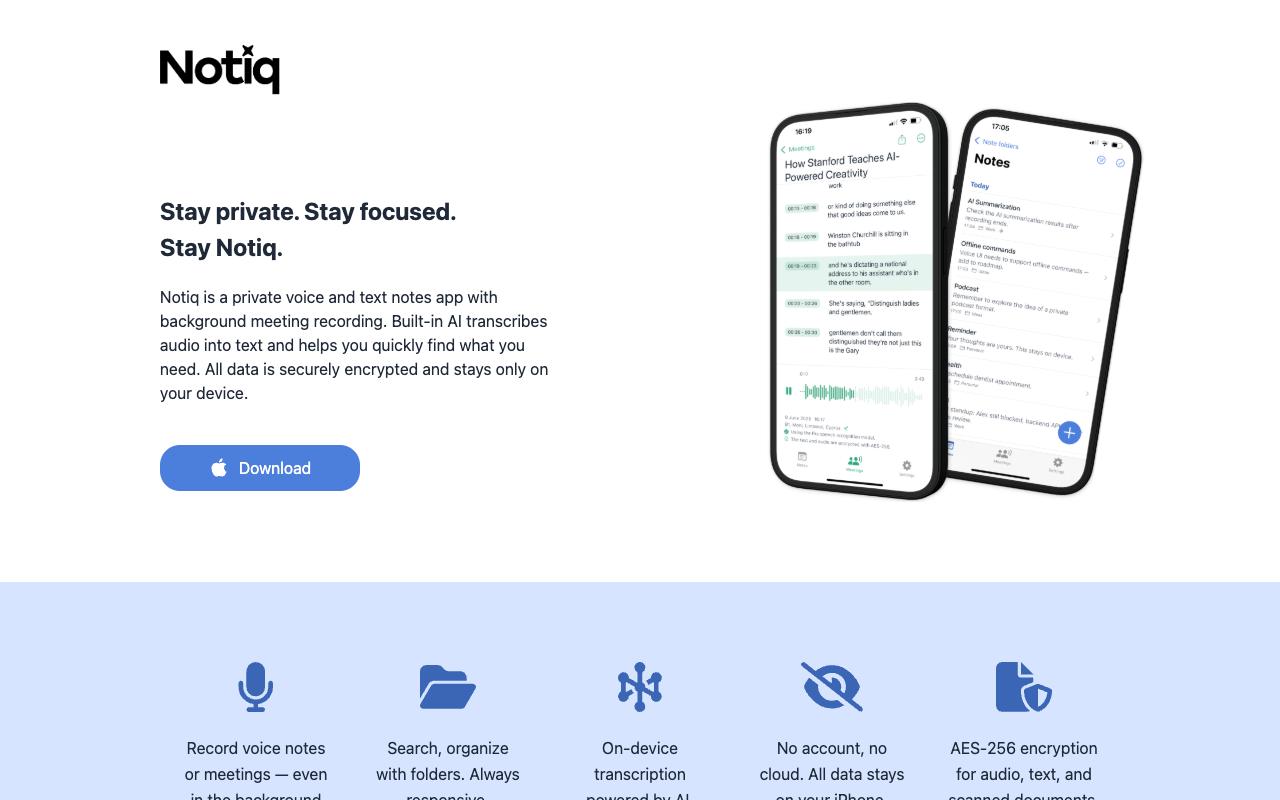Notiq - A secure AI note-taking app for iPhone that records and transcribes privately