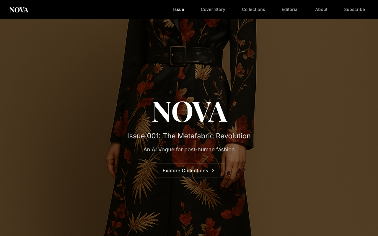 NOVA - An AI fashion magazine showcasing synthetic models and original couture
