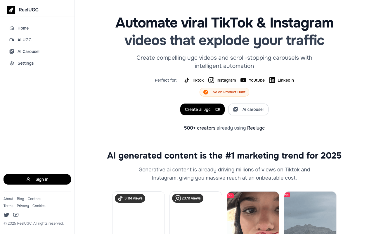 ReelUGC - An AI platform that automates viral UGC videos and carousels for social media
