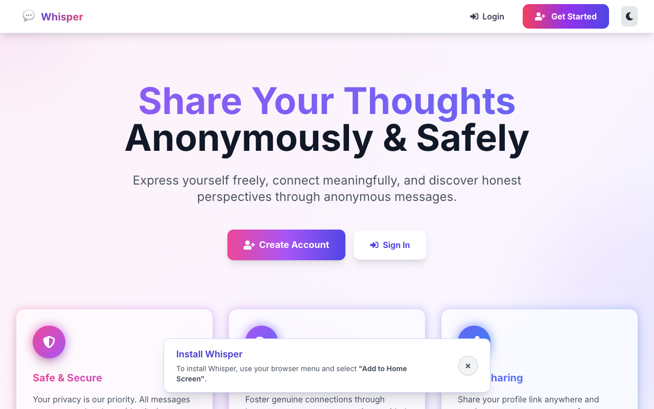 Whisper - A platform for sending and receiving anonymous messages safely