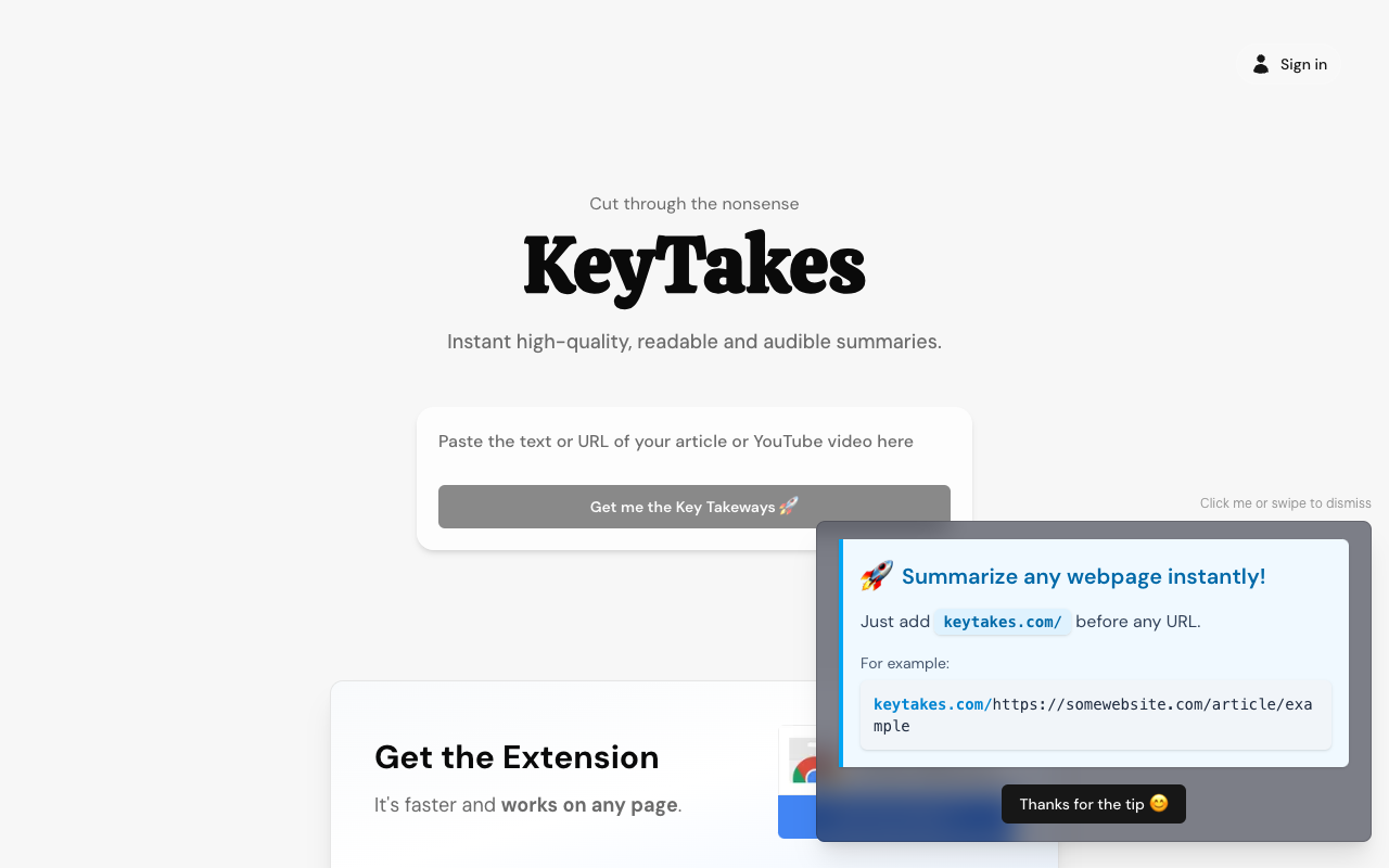KeyTakes - An AI tool that summarizes any webpage or YouTube video effortlessly