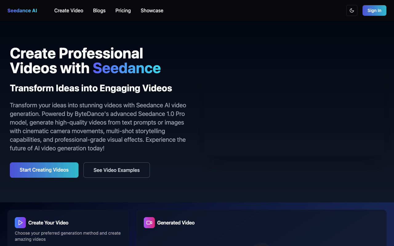 Seedance AI Video Generator - Create Professional Videos with Advanced AI Technology video-generation AI professional-videos