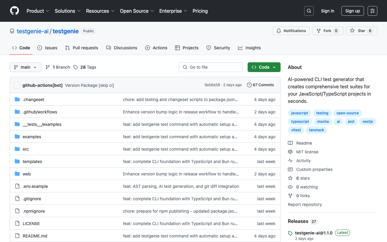 TestGenie AI - An AI-powered CLI tool that generates and runs tests for JavaScript and TypeScript projects in seconds AI testing JavaScript