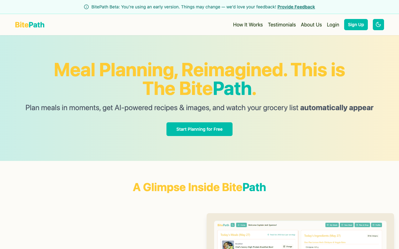 BitePath - A smart meal planning tool that generates meal ideas and grocery lists