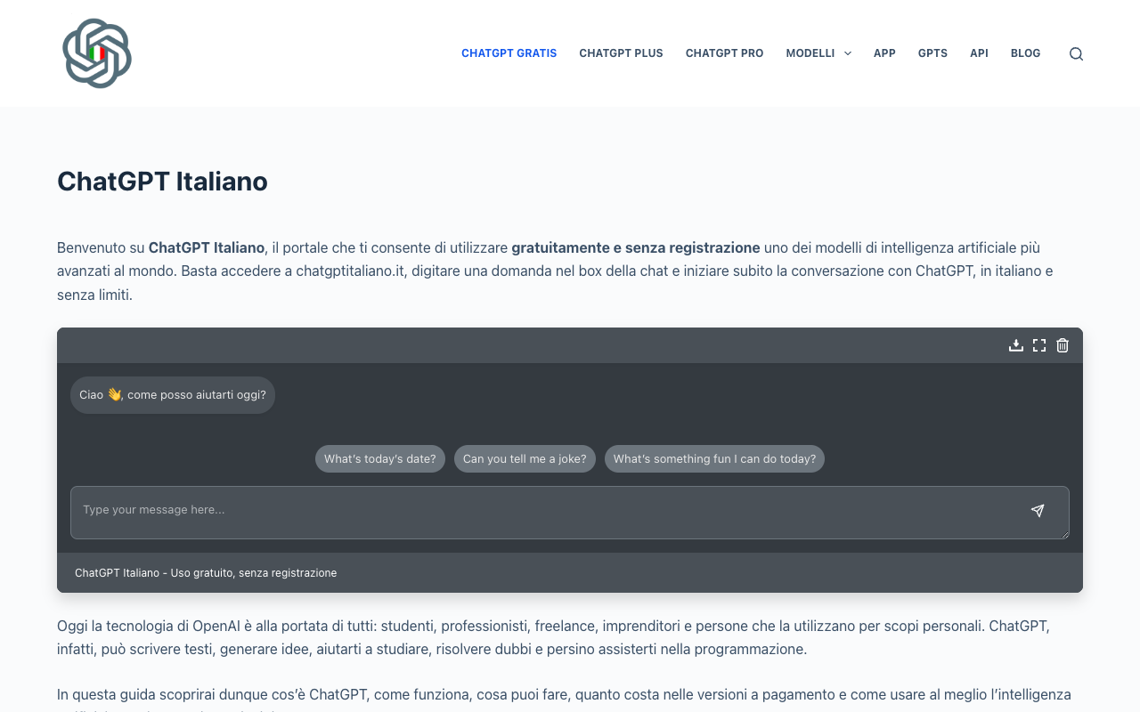 ChatGPT Italiano - A free platform to use ChatGPT in Italian without registration