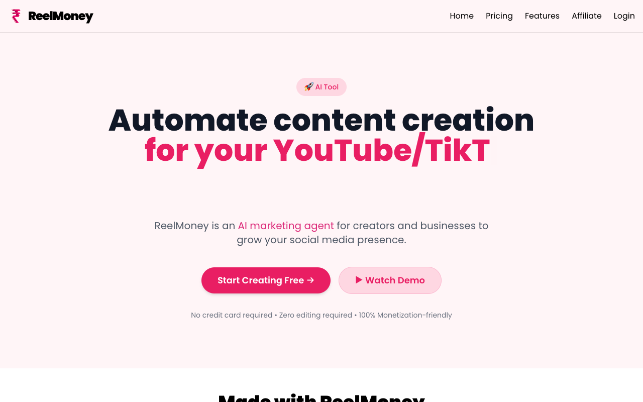 ReelMoney - An AI marketing tool that automates social media content creation