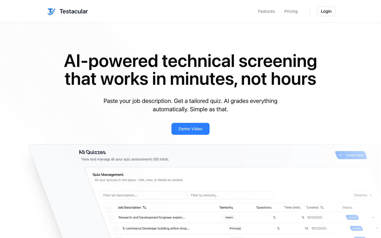 Testacular - AI-powered technical screening that simplifies your hiring process