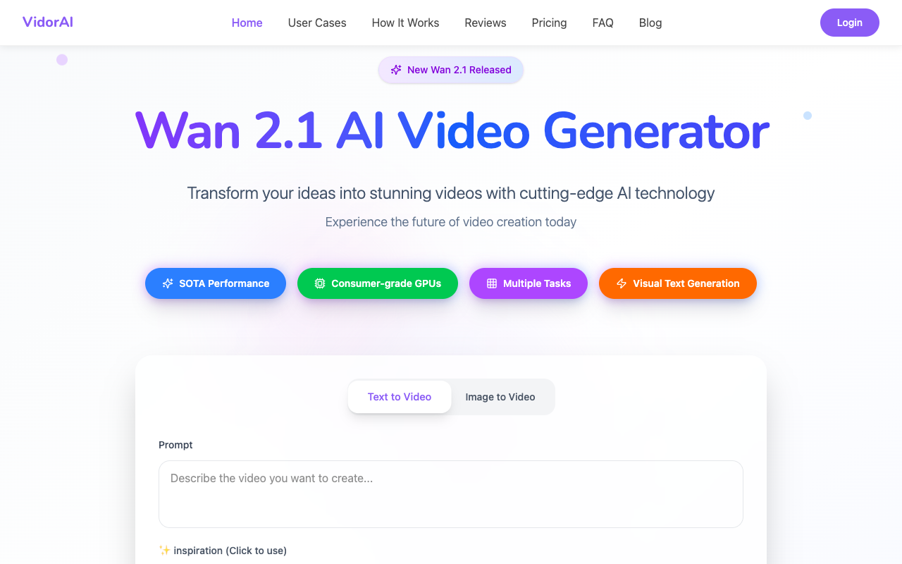Wan 2.1 AI Video Generator - Create Stunning Videos Instantly with Advanced AI Technology video-generation AI VidorAI