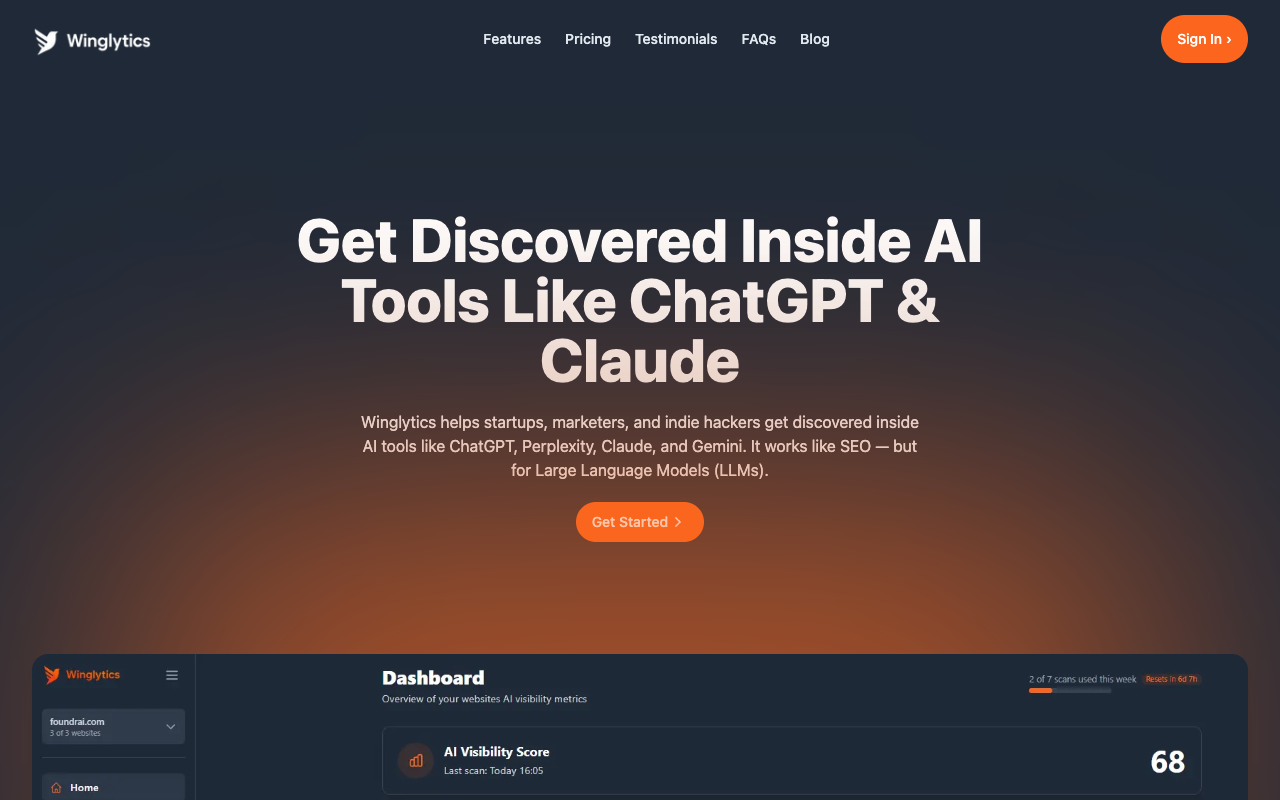 Winglytics - AI SEO tool to enhance visibility in ChatGPT, Perplexity, Claude, and Gemini