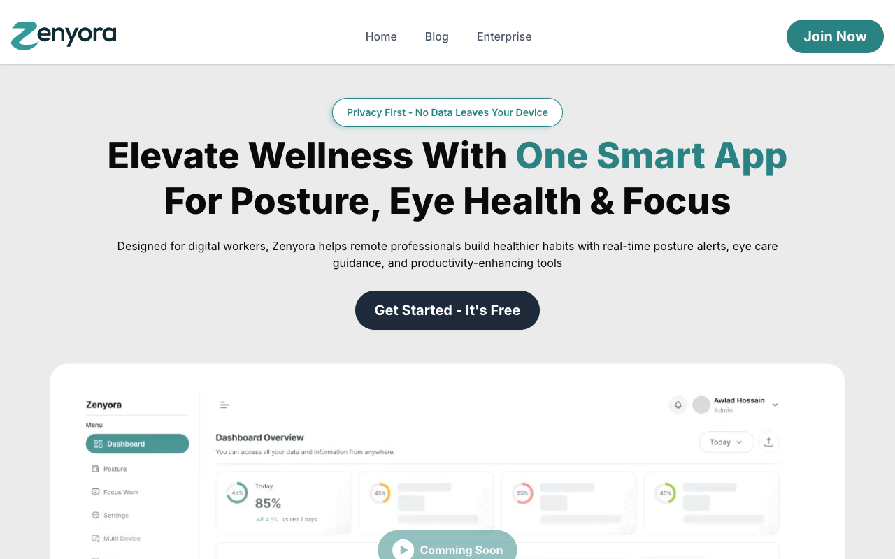 Zenyora - An AI tool that enhances desk work with wellness and performance features AI wellness productivity