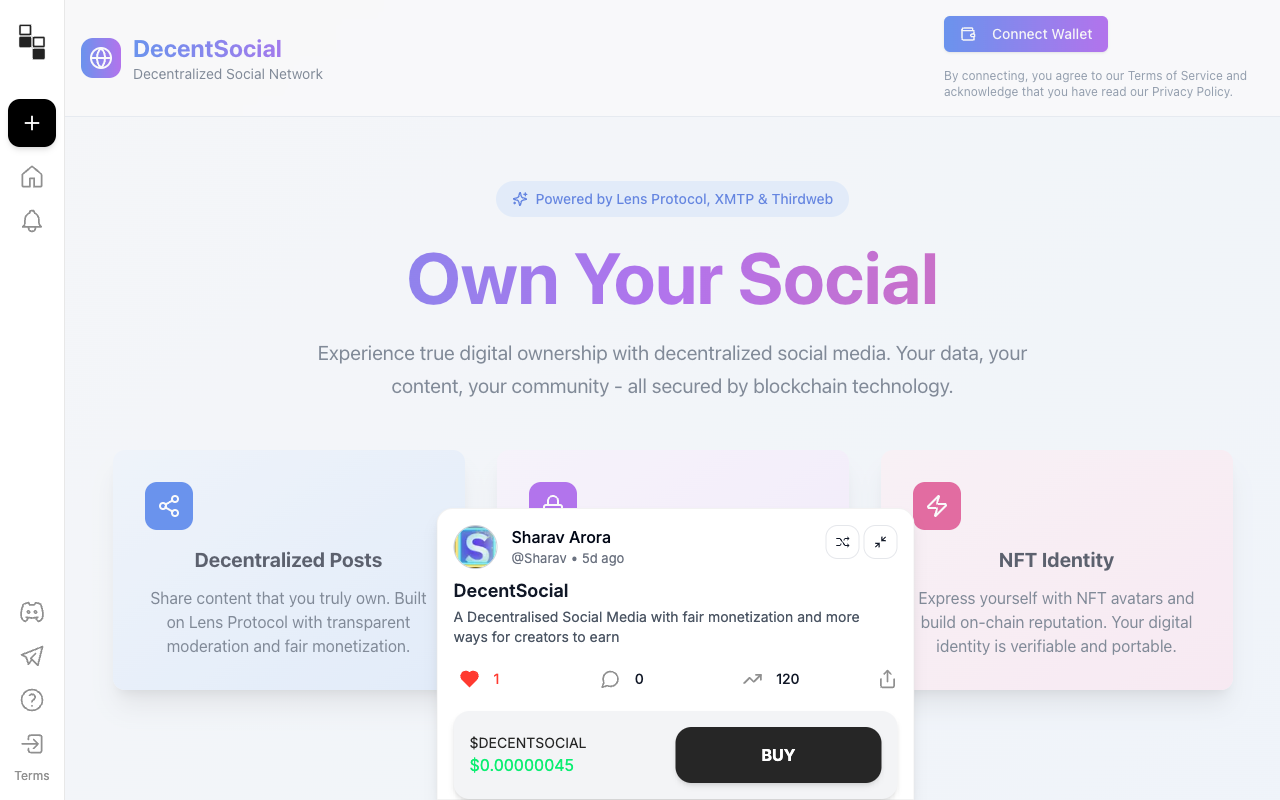 DecentSocial - A Decentralised Social Media platform offering fair monetization for creators