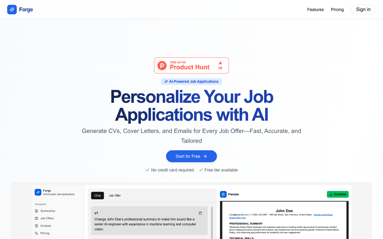 Forge - Personalize your job applications with AI for CVs, Cover Letters, and Emails AI job-applications CV