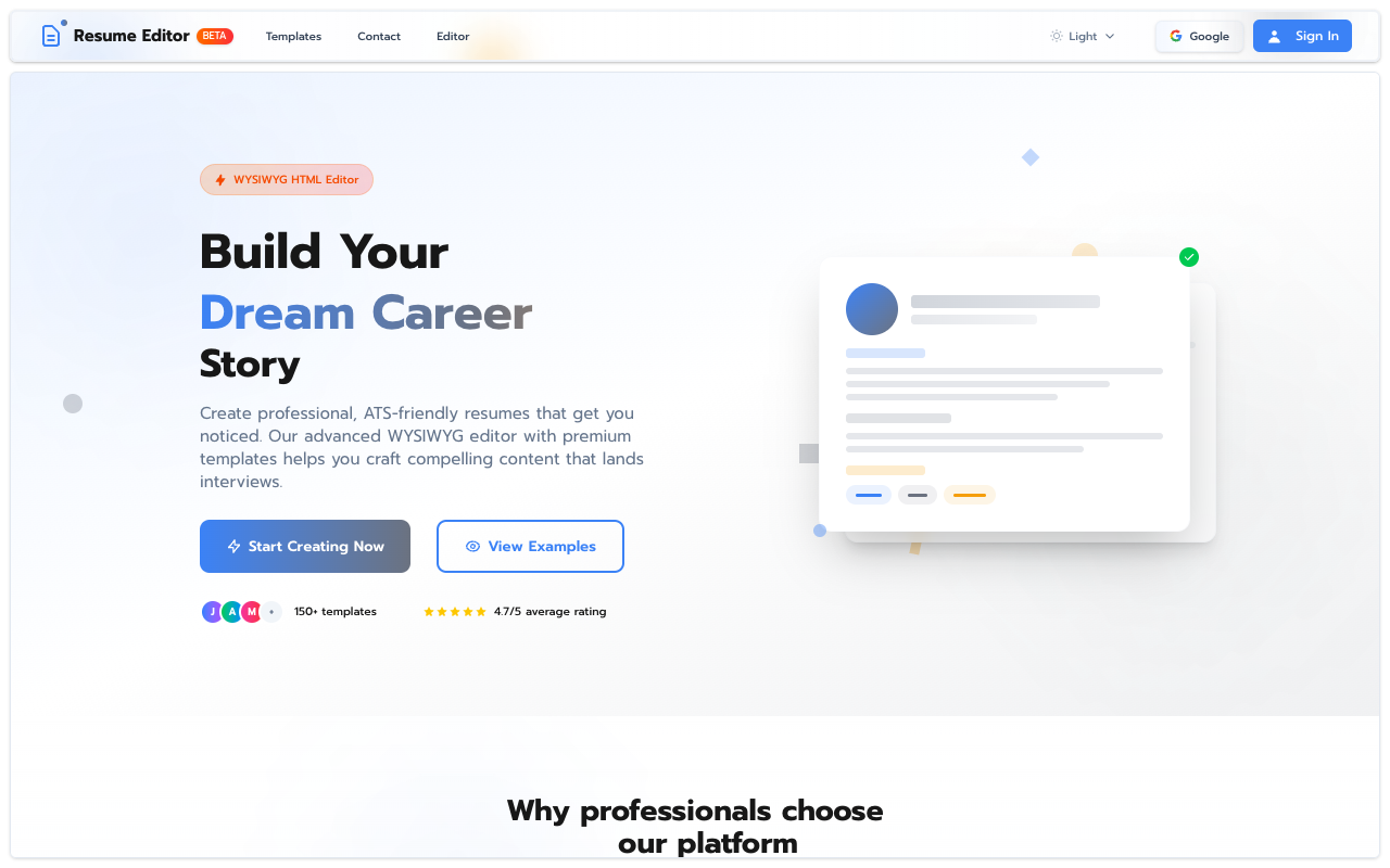 HTML Resume Template Editor - Create ATS-friendly resumes with our WYSIWYG editor and free templates