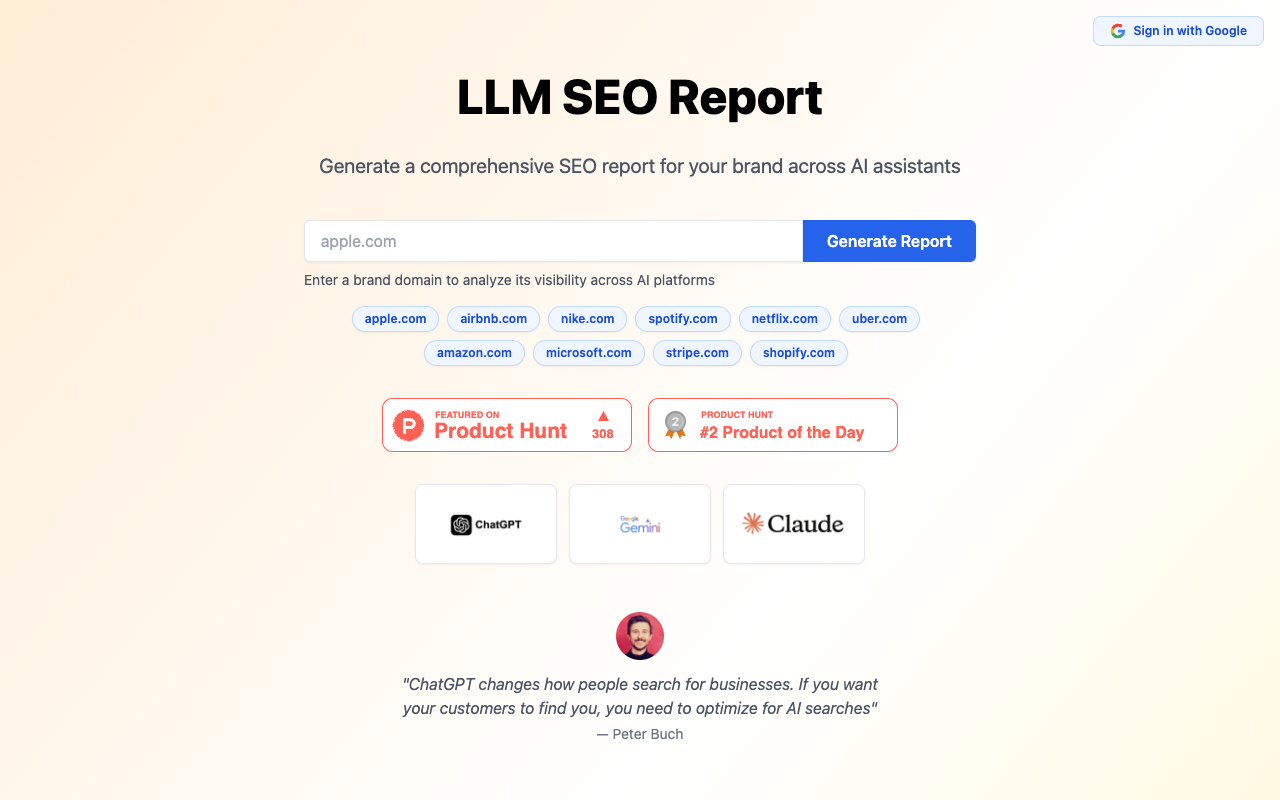 LLM SEO Report - Check your brand's visibility on ChatGPT and Google Gemini