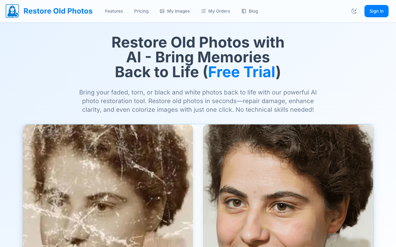 Restore Old Photos - Bring your old, damaged photos back to life in seconds.