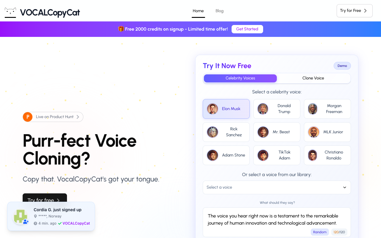 VOCALCopyCat - An AI voice generation platform that offers advanced voice cloning and text-to-speech tools