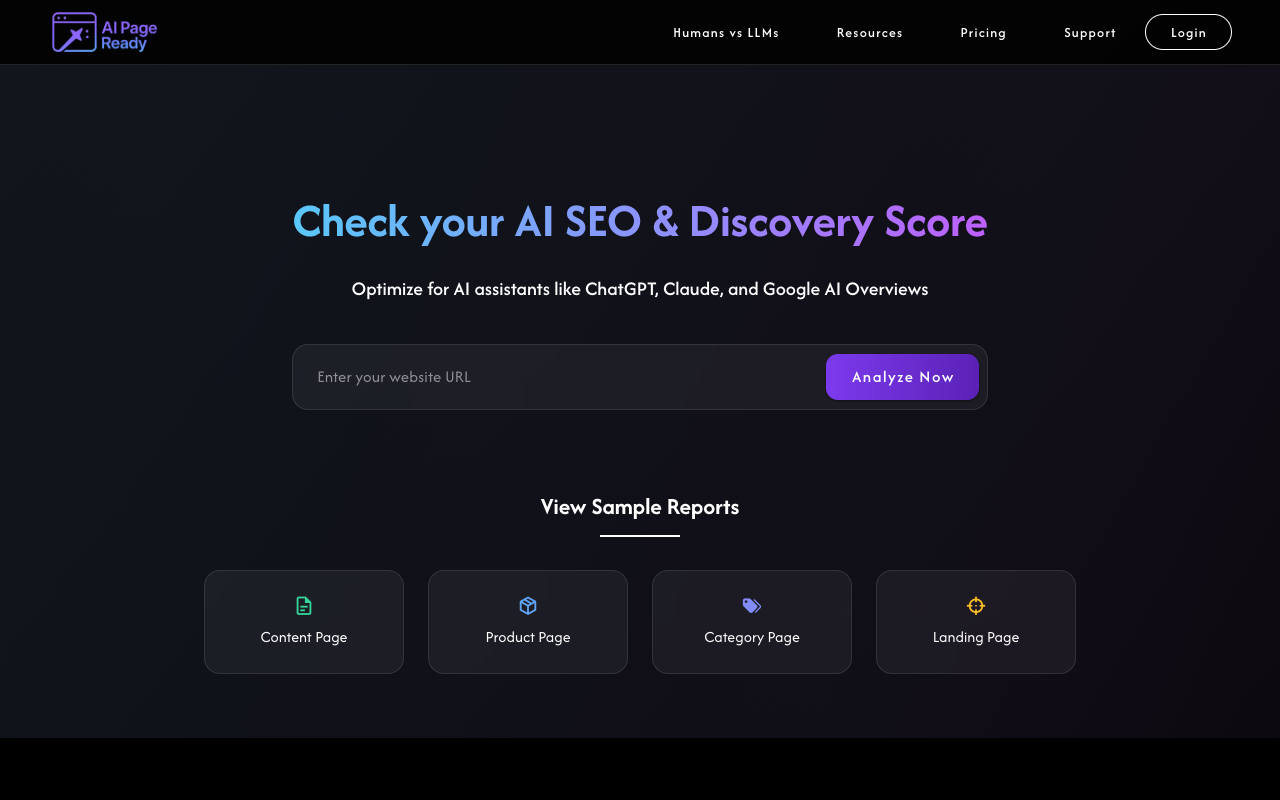 AI Page Ready - Check if your website is optimized for AI assistants like ChatGPT, Gemini, and Claude AI SEO visibility