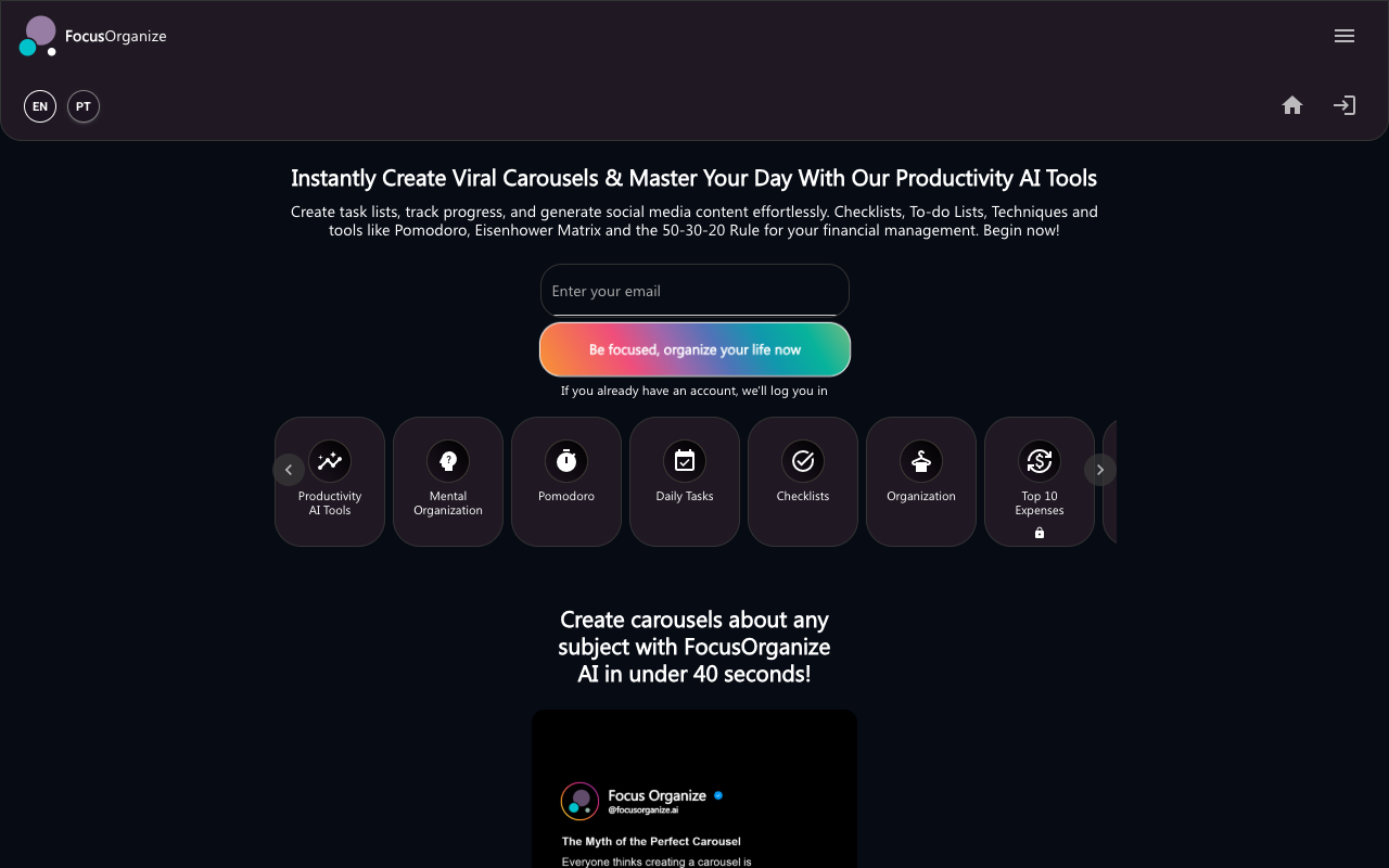 Focus Organize AI Carousel Generator - Create Viral Social Media Posts in 40 Seconds social-media productivity carousel-generator