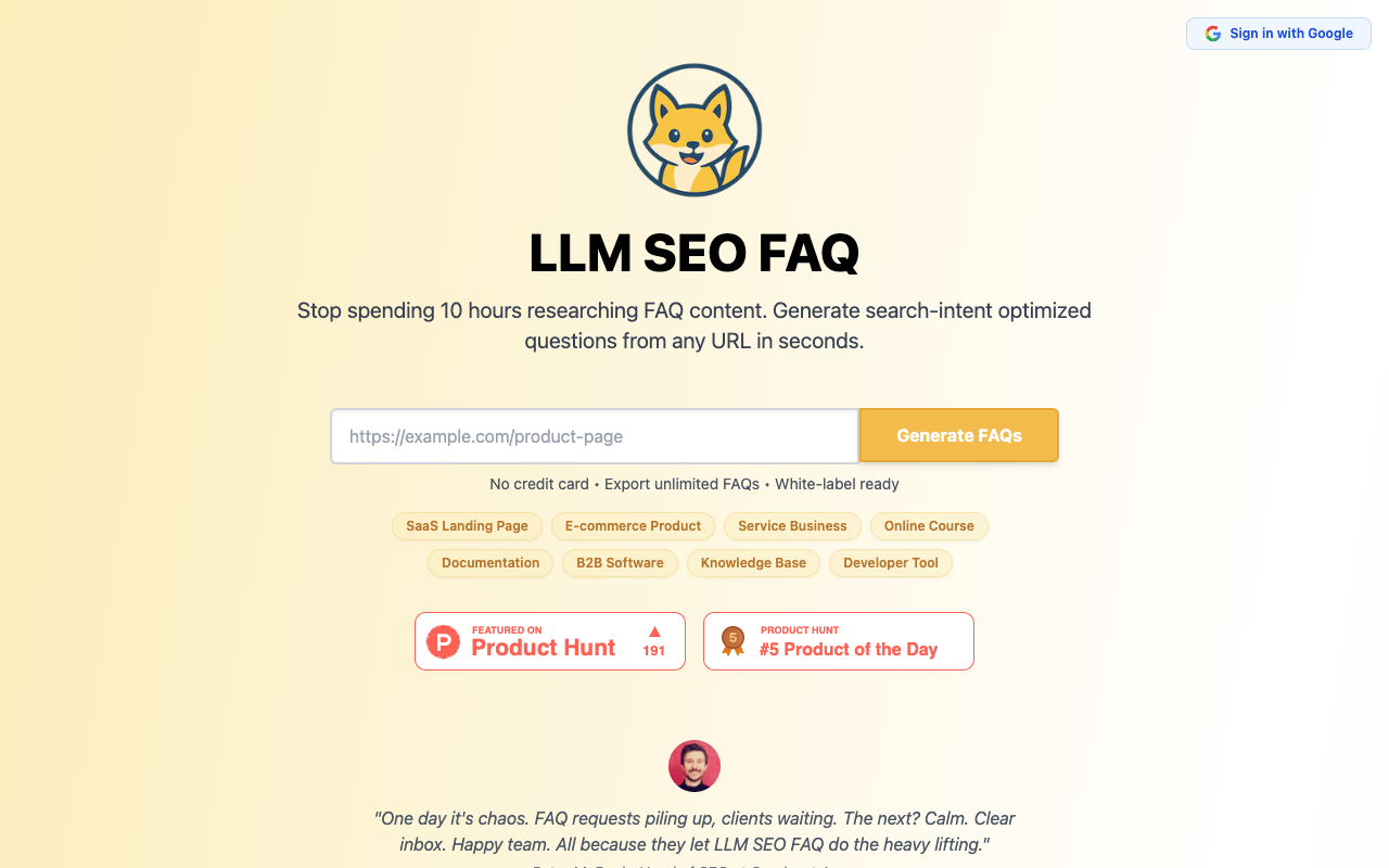 LLM SEO FAQ - Generate search intent optimized FAQs for any URL in seconds