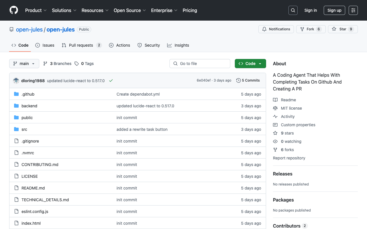 Open Jules - A coding agent that helps with completing tasks on GitHub