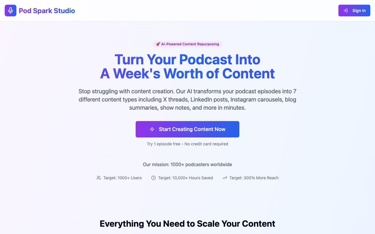 Pod Spark Studio - An AI tool that turns your podcast episodes into a week's worth of content