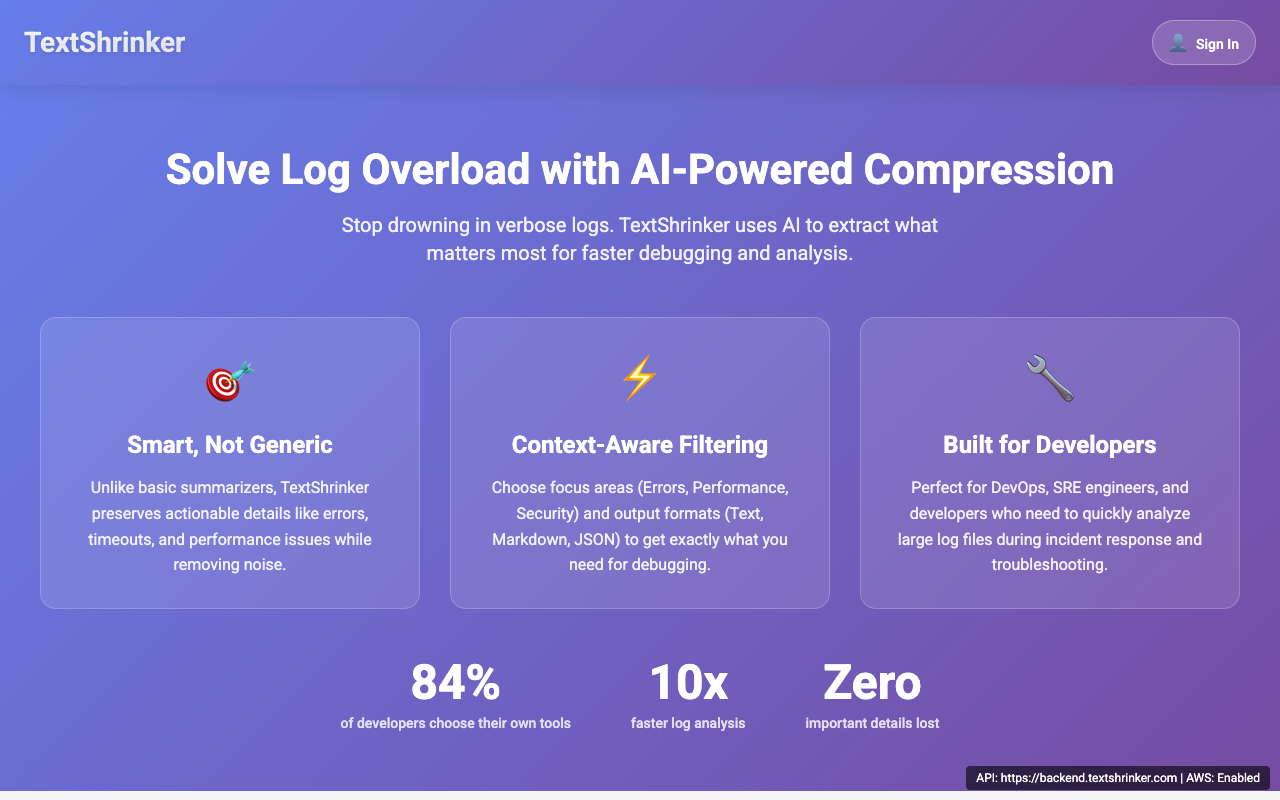 TextShrinker - An AI tool that simplifies log analysis by compressing verbose logs