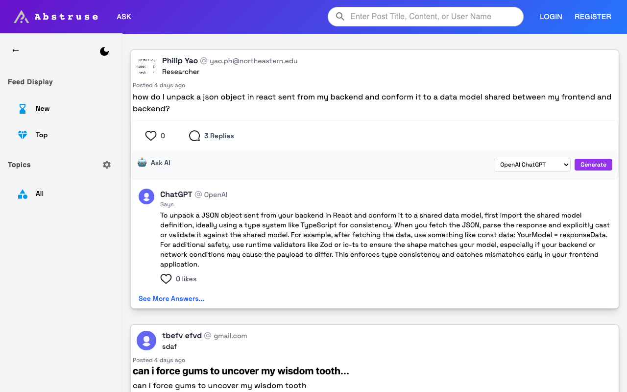 Abstruse - The first human AI social media platform where you can ask AI and verify answers