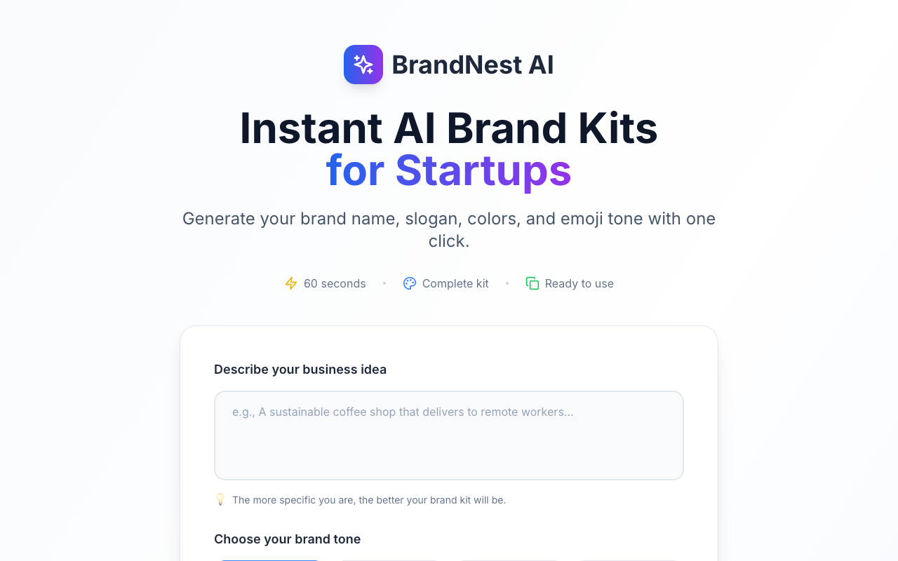 BrandNest AI - Create Your Brand Identity in 60 Seconds with AI