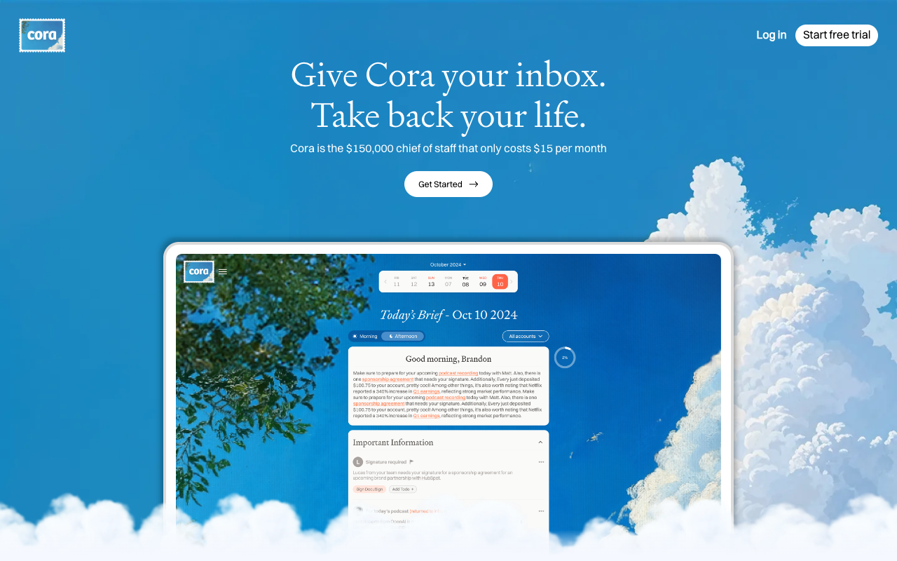 Cora - The $150K chief of staff for your inbox, at just $15/month email AI productivity