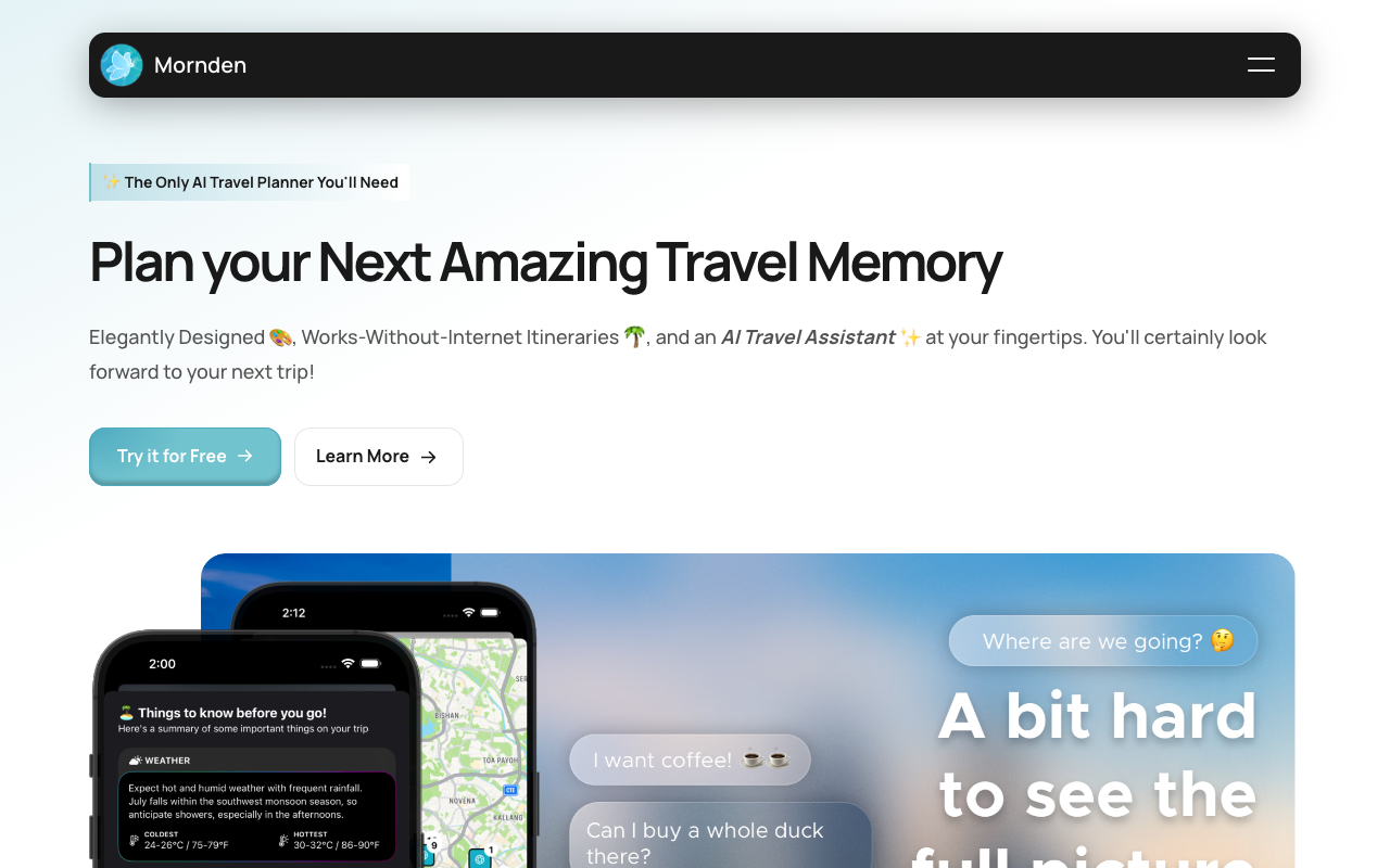 Mornden - An AI travel planner that helps you organize your trips effortlessly