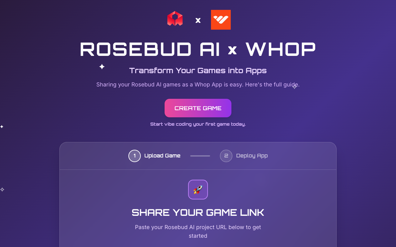 Rosebud Game to Whop App - Create stunning Whop games with ease