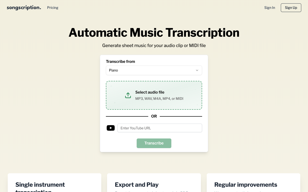Songscription.ai - An AI tool that automatically transcribes audio to sheet music and MIDI