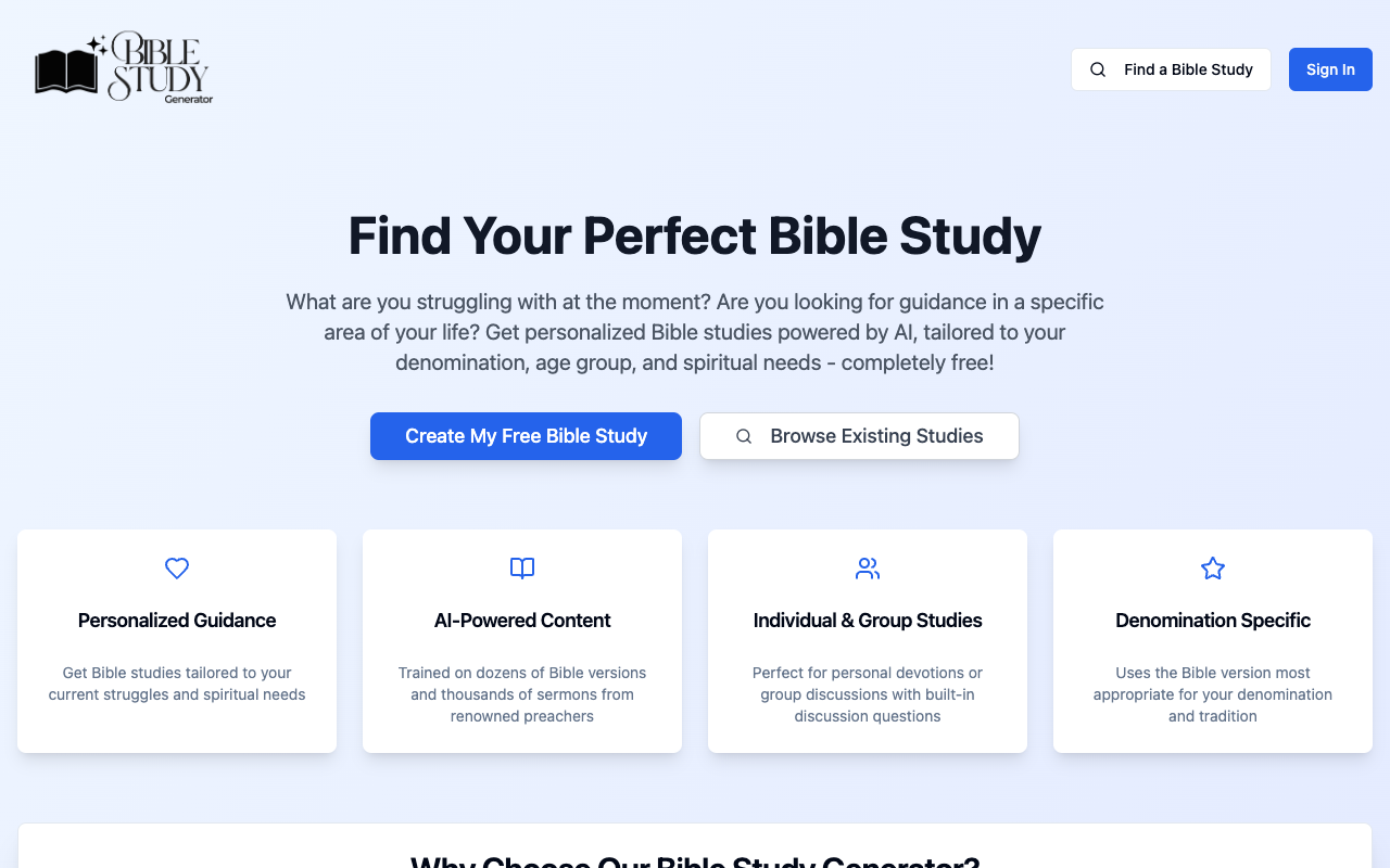 AI Bible Study Generator - Create personalized Bible studies using AI for any age group or denomination