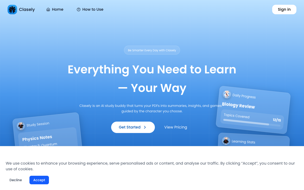 Clasely - An interactive tool to chat, quiz, and summarize your PDFs in an anime style