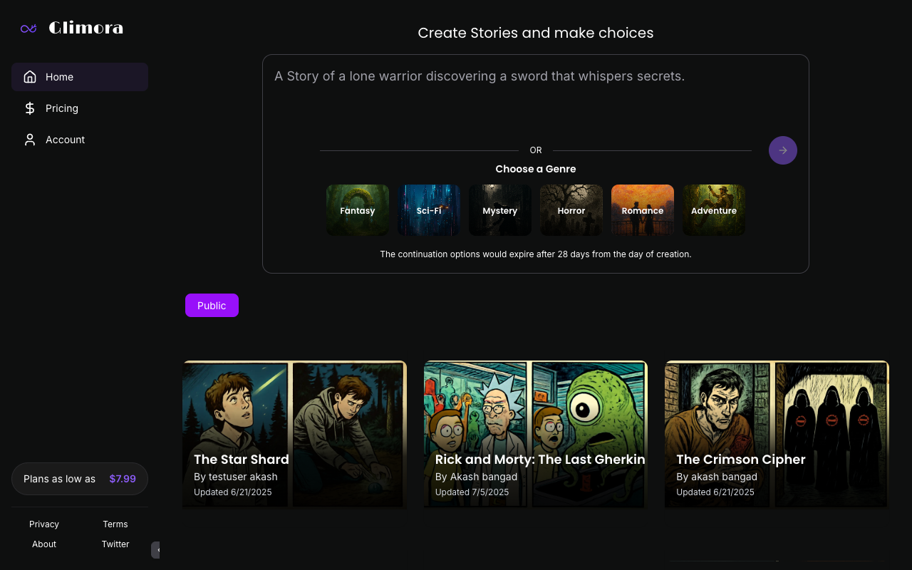 Glimora - An AI-based story generator that lets you create interactive adventures
