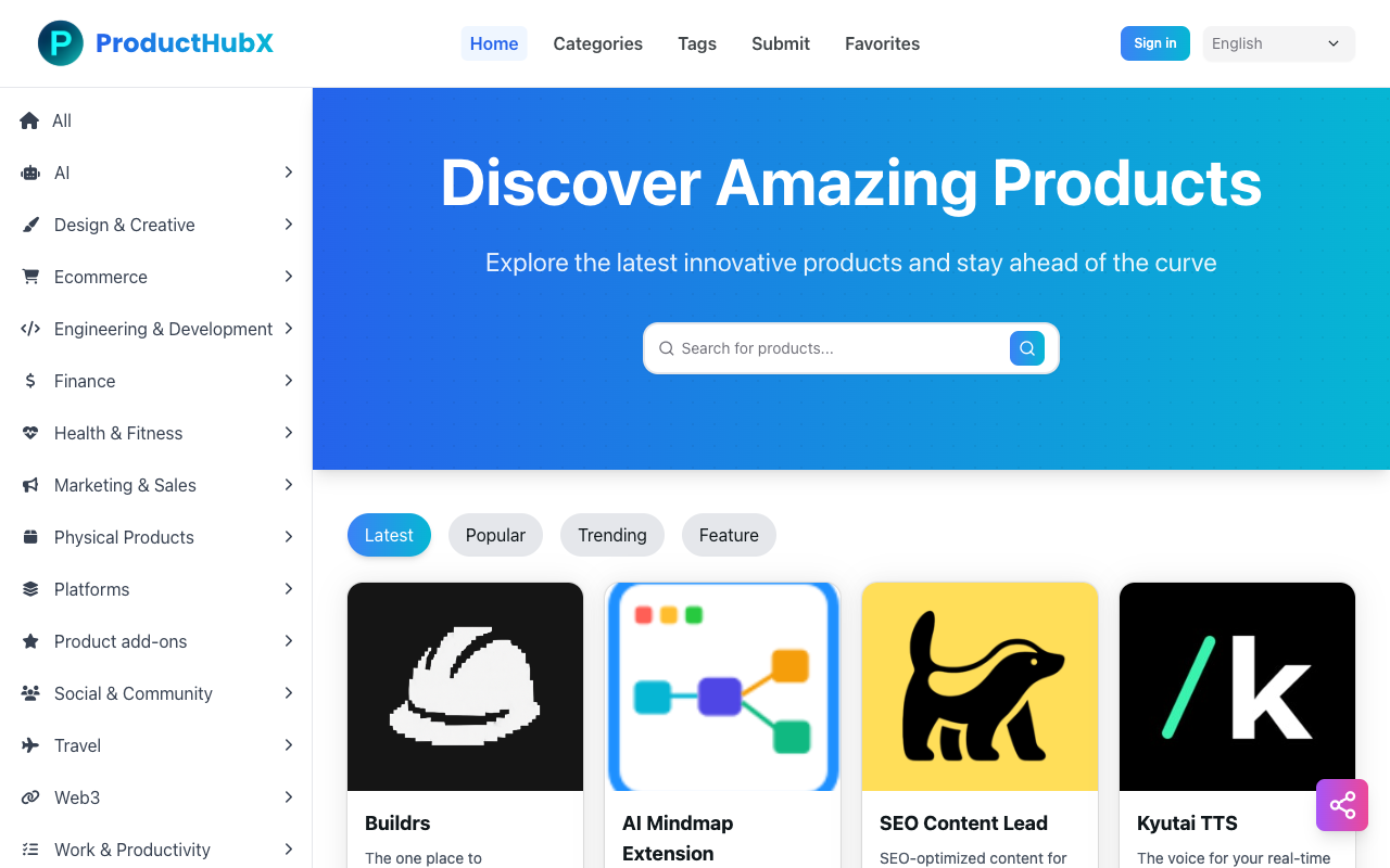 ProductHubX - A multilingual platform to discover the best new products and tools daily