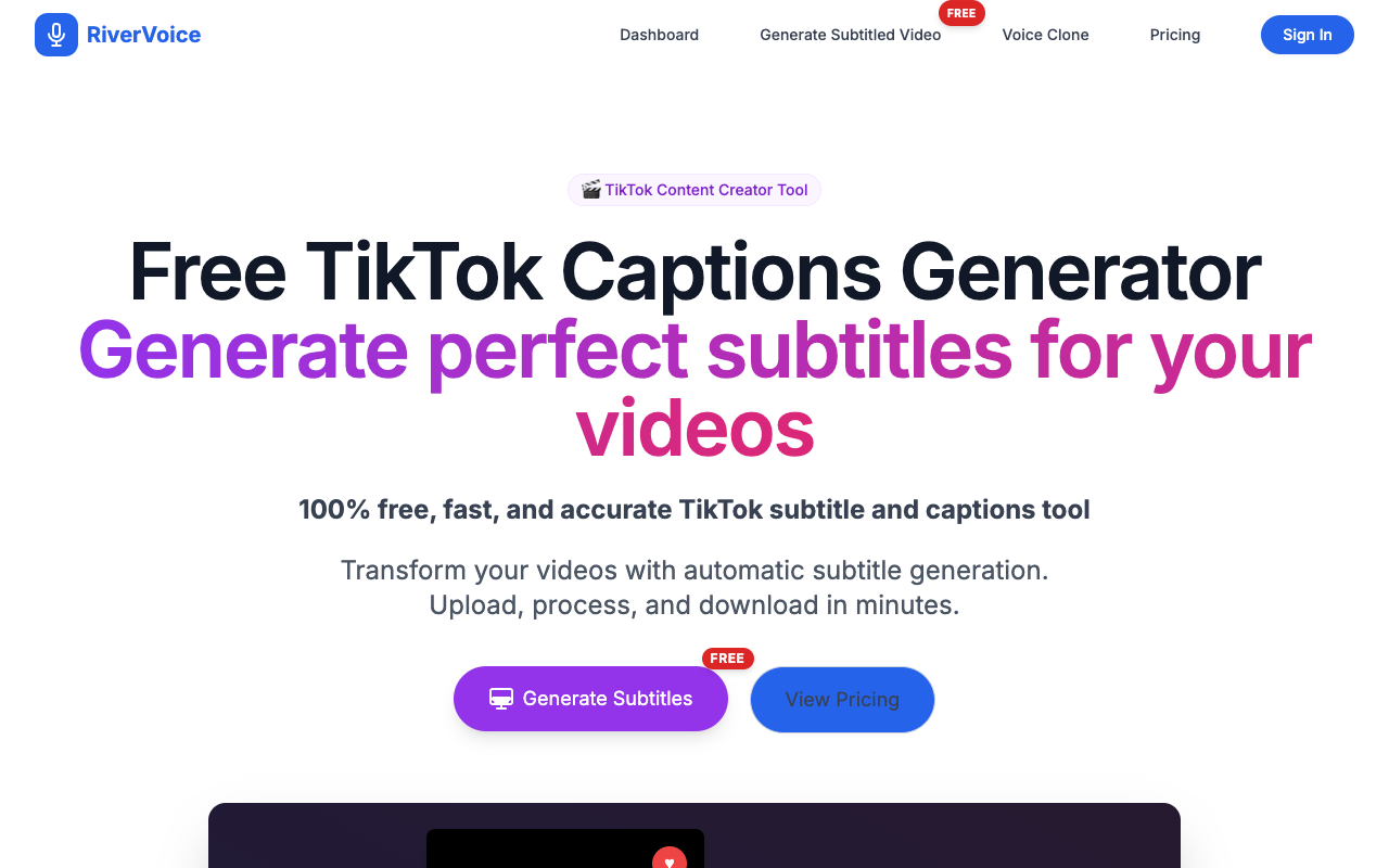 RiverVoiceAI - A Free TikTok Captions Generator that Creates Accurate Subtitles for Your Videos